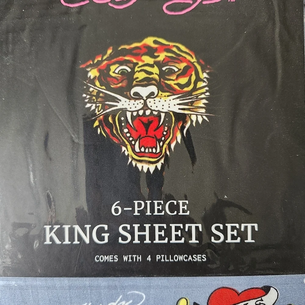 Ed Hardy King Size Sheet Set 6 Pieces Blue Skull Dagger Love Kills Slowly Tattoo